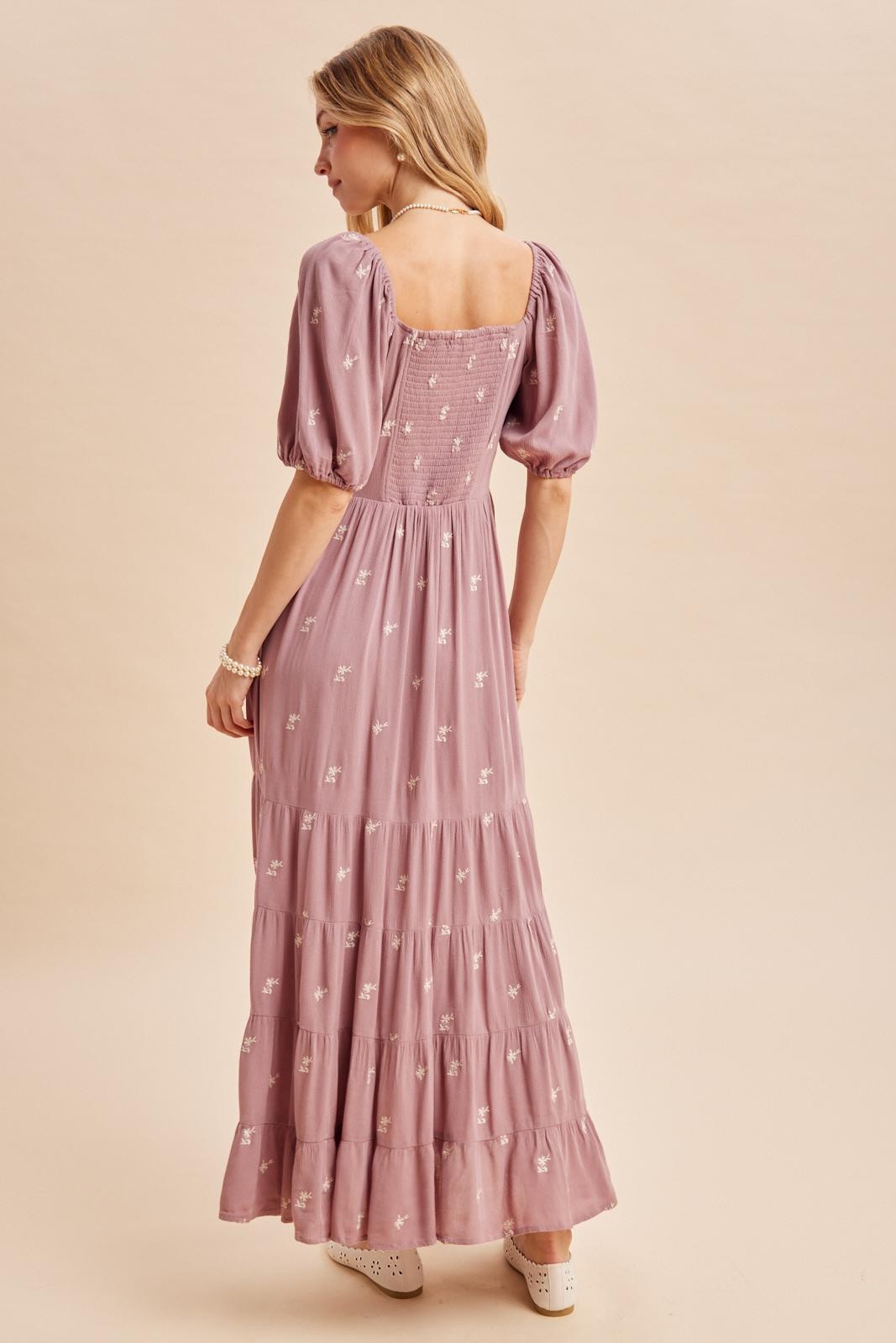 Mauve Embroidered Tiered Maxi Dress