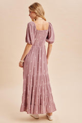 Mauve Embroidered Tiered Maxi Dress