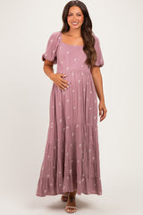 Mauve Embroidered Tiered Maternity Maxi Dress