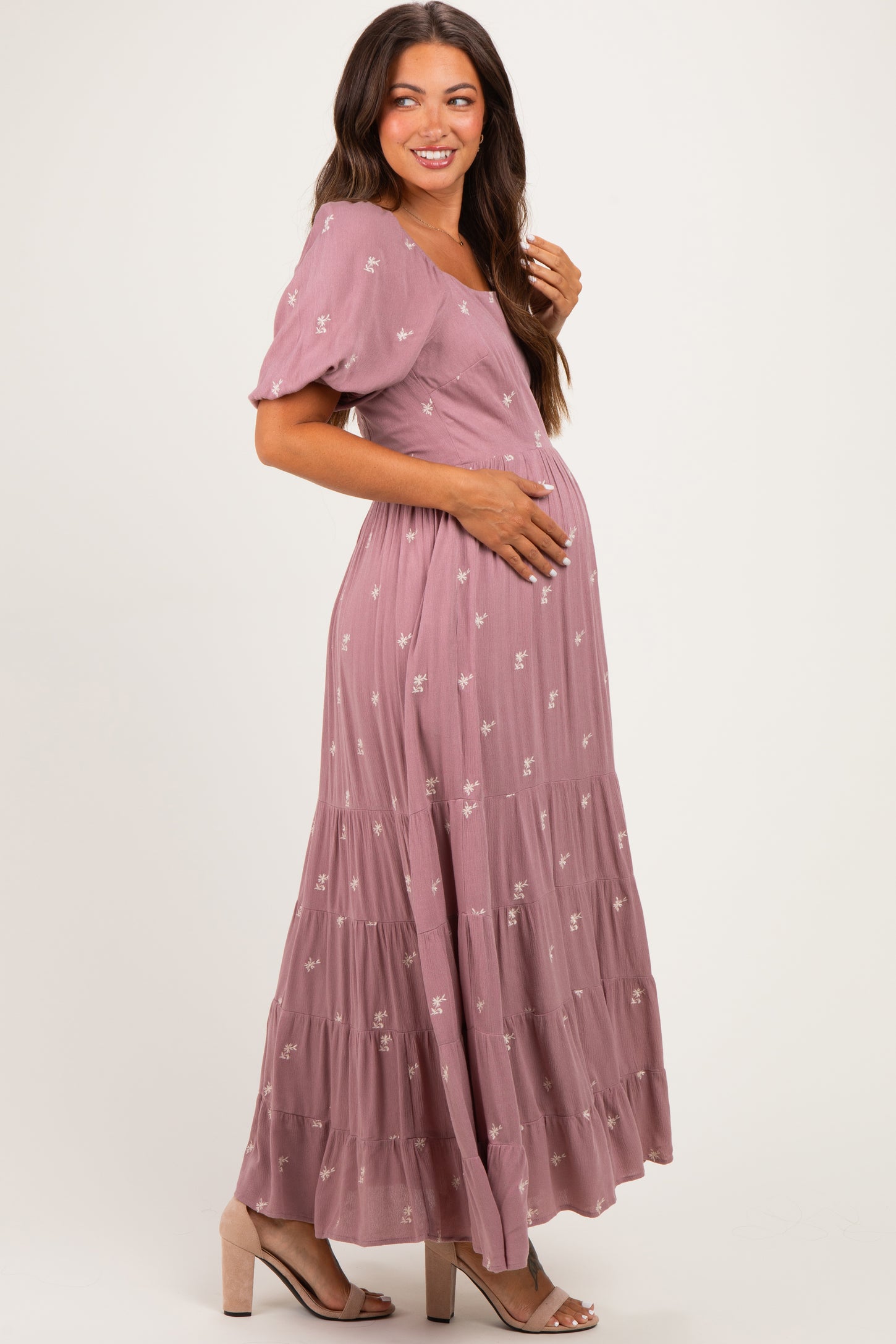 Mauve Embroidered Tiered Maternity Maxi Dress