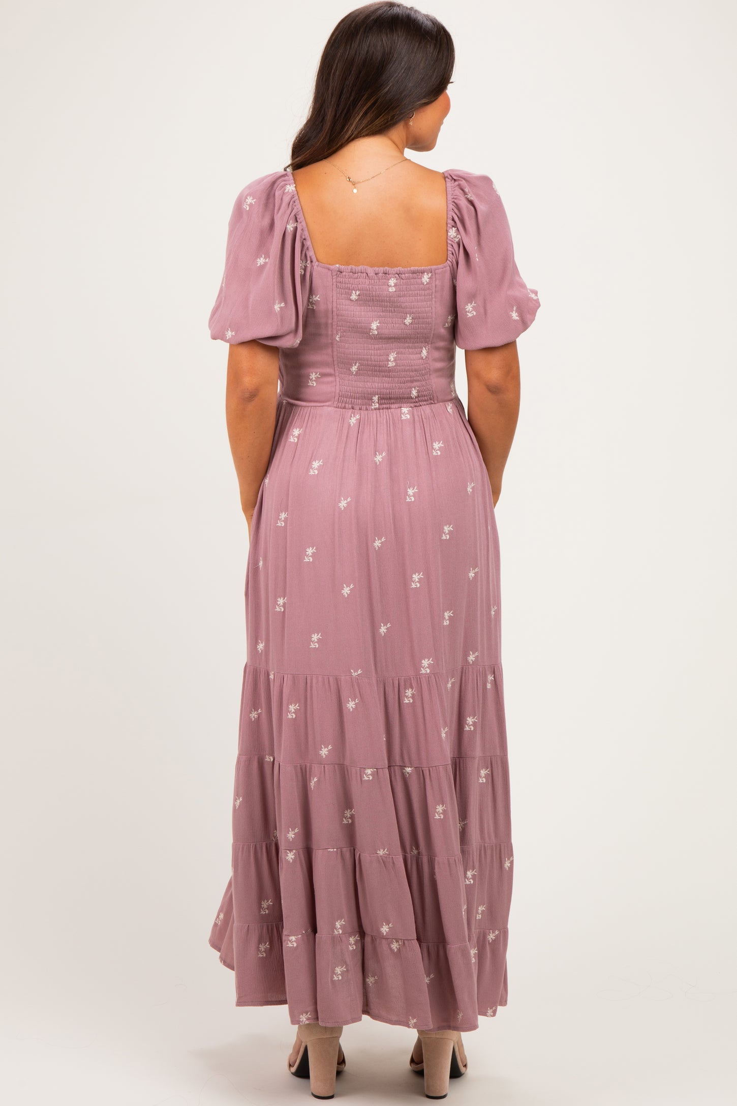 Mauve Embroidered Tiered Maternity Maxi Dress