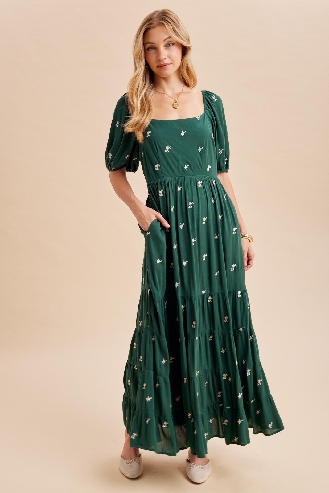 Forest Green Embroidered Tiered Maternity Maxi Dress