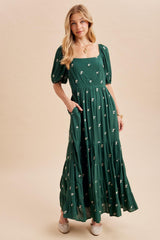 Forest Green Embroidered Tiered Maternity Maxi Dress