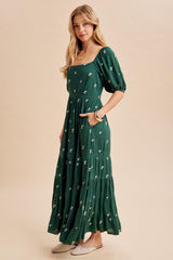 Forest Green Embroidered Tiered Maxi Dress