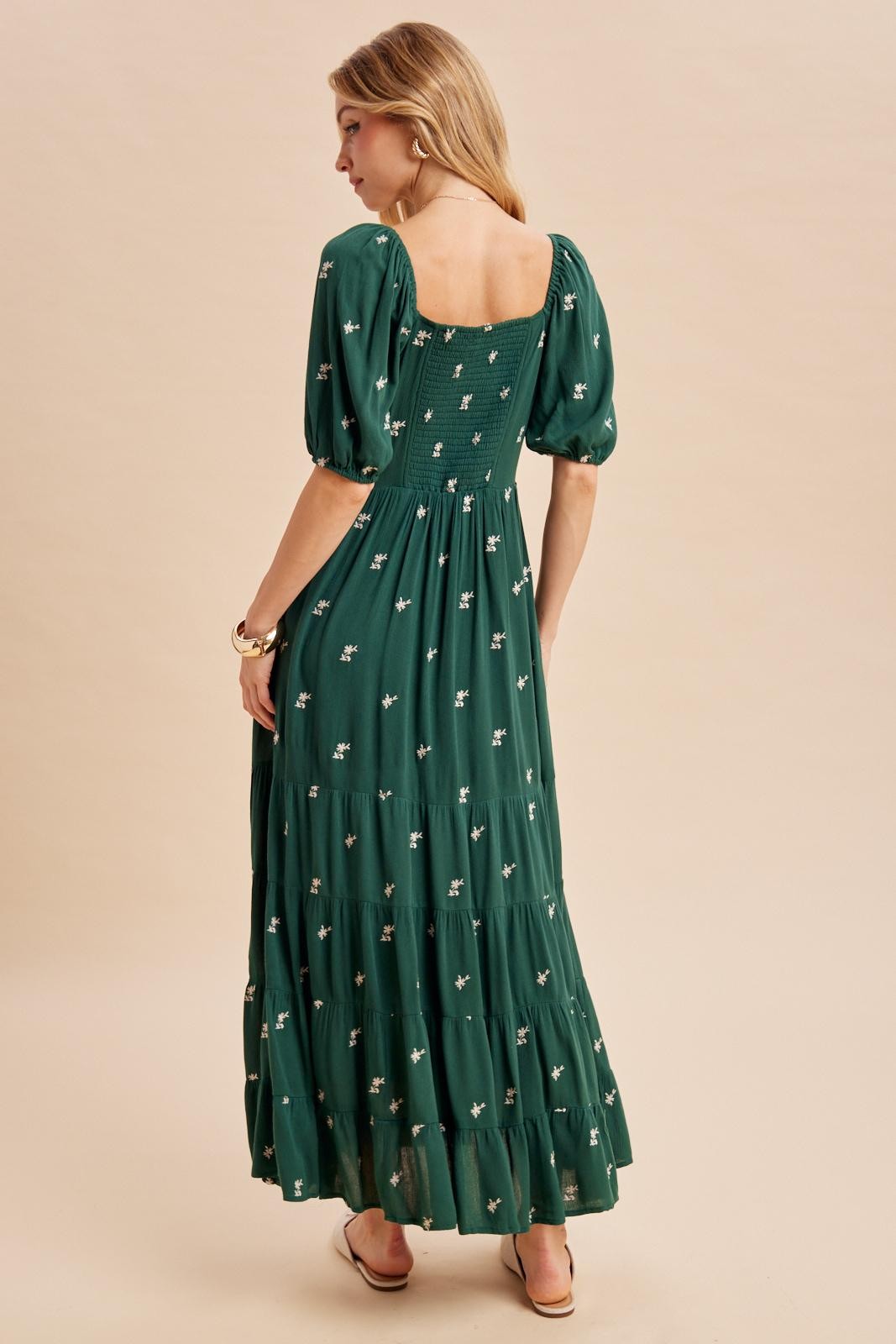 Forest Green Embroidered Tiered Maxi Dress