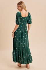 Forest Green Embroidered Tiered Maxi Dress