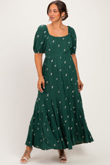 Forest Green Embroidered Tiered Maternity Maxi Dress