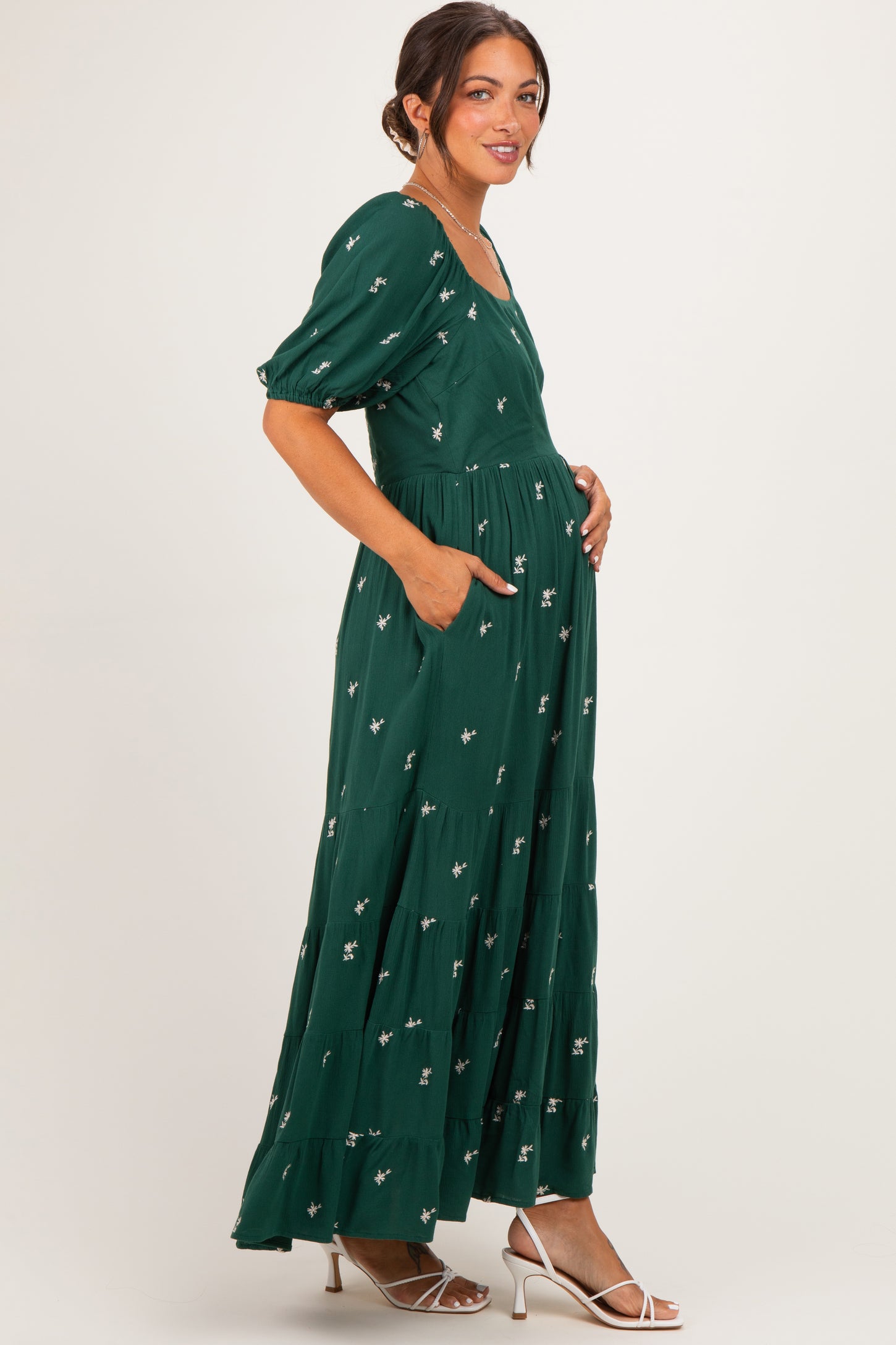 Forest Green Embroidered Tiered Maternity Maxi Dress