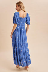 Blue Embroidered Tiered Maxi Dress
