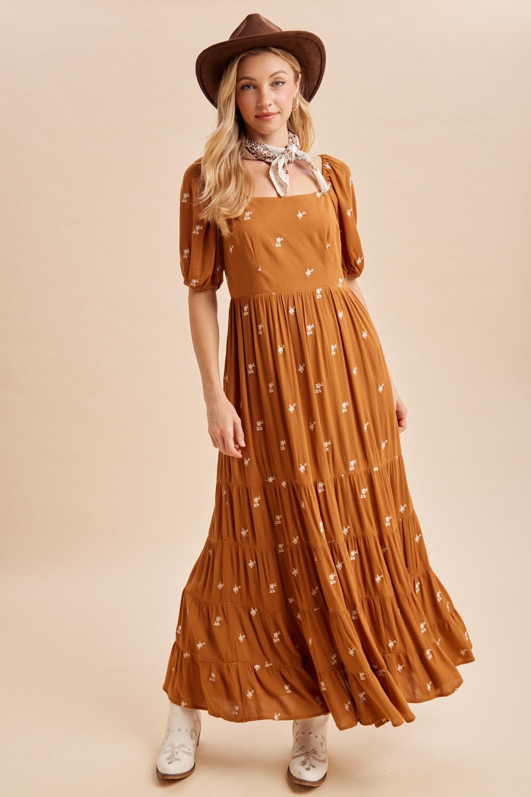 Sepia Embroidered Tiered Maternity Maxi Dress