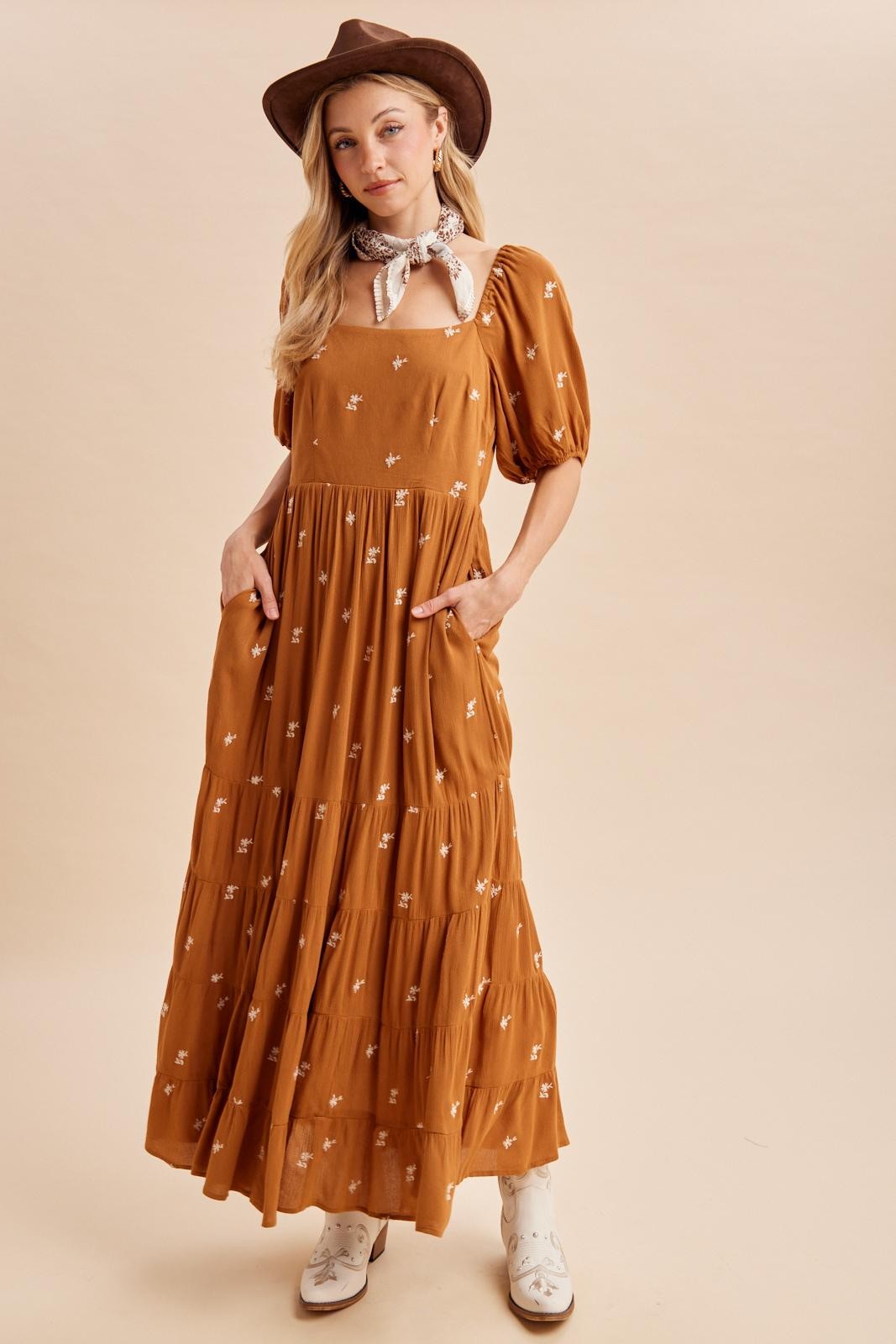 Sepia Embroidered Tiered Maxi Dress