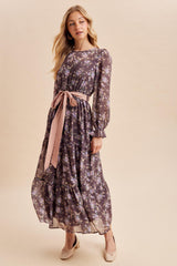 Brown Floral Sash Tiered Maxi Dress