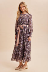 Brown Floral Sash Tiered Maxi Dress