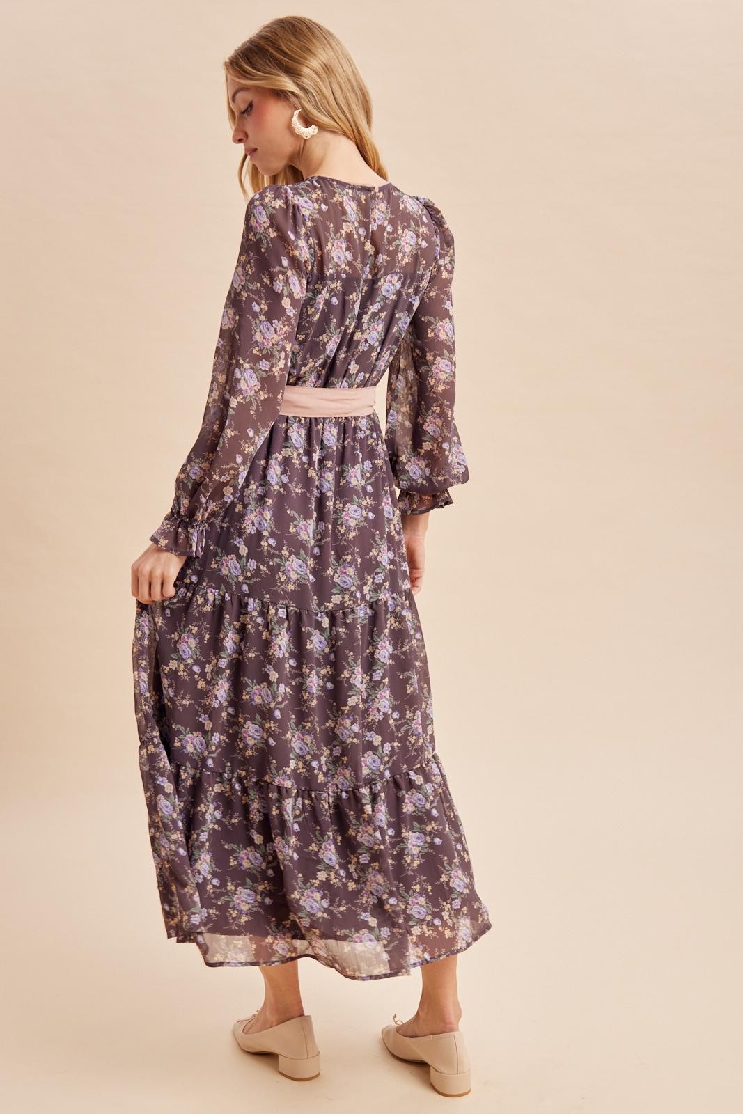 Brown Floral Sash Tiered Maxi Dress