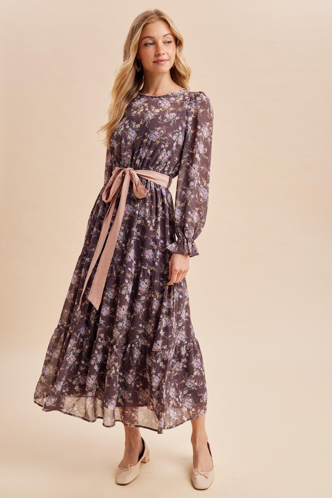 Brown Floral Sash Tiered Maxi Dress