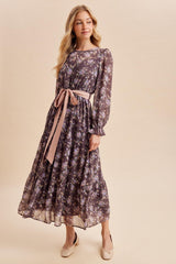 Brown Floral Sash Tiered Maxi Dress