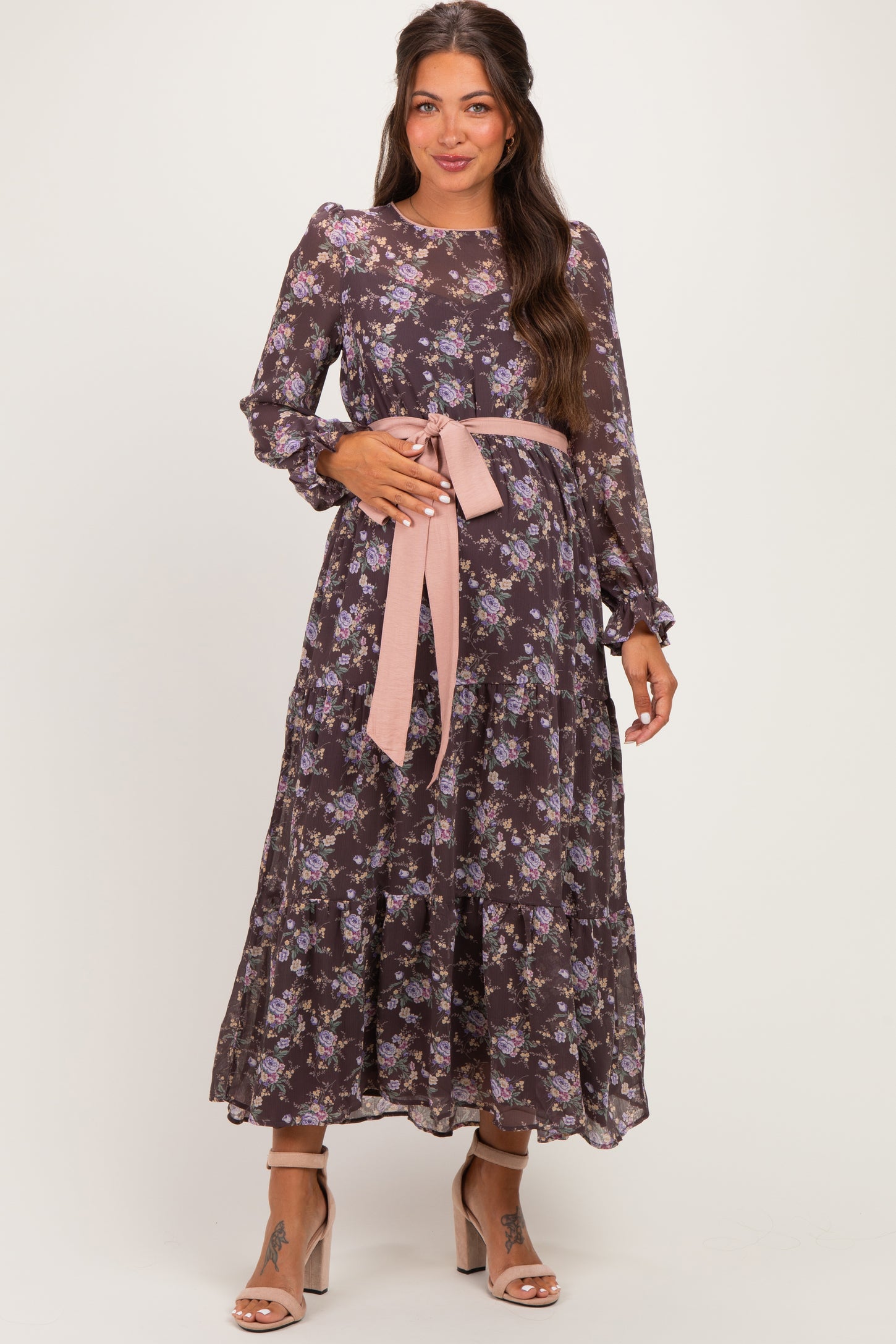 Brown Floral Sash Tiered Maternity Maxi Dress