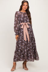 Brown Floral Sash Tiered Maternity Maxi Dress