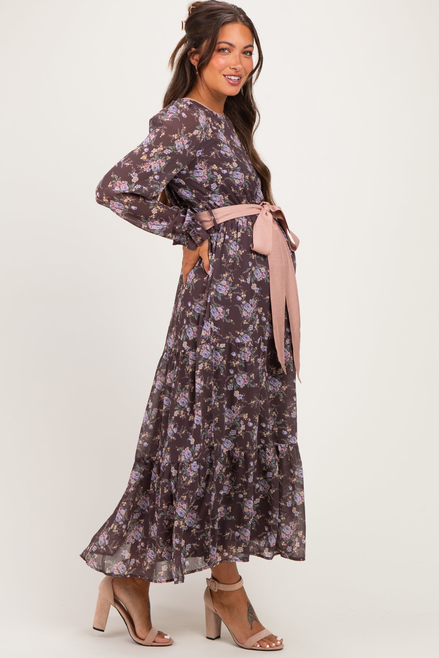 Brown Floral Sash Tiered Maternity Maxi Dress