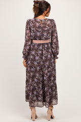 Brown Floral Sash Tiered Maternity Maxi Dress