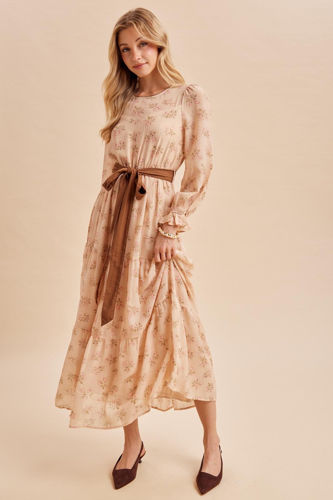 Dusty Peach Floral Sash Tiered Maxi Dress