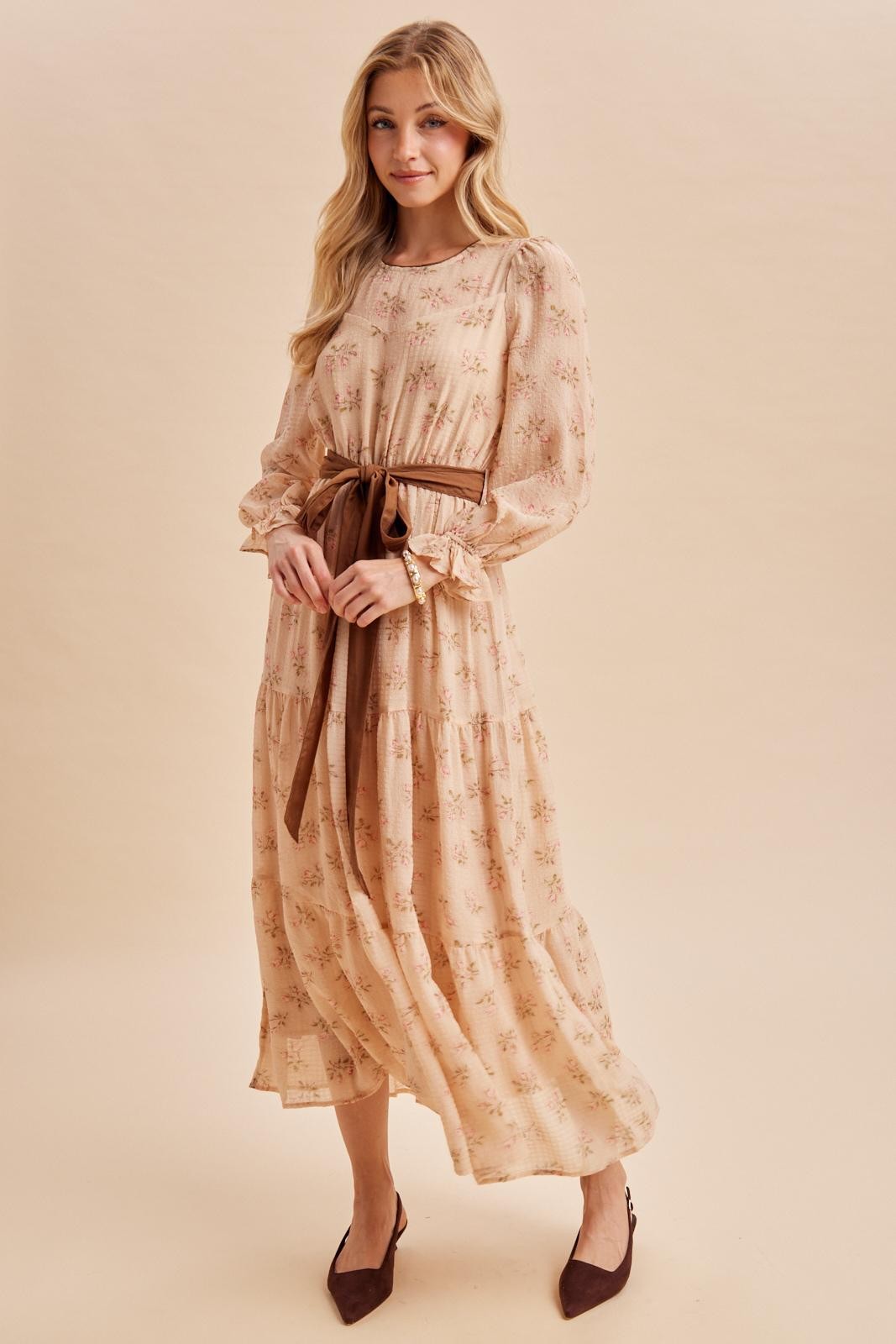 Dusty Peach Floral Sash Tiered Maxi Dress