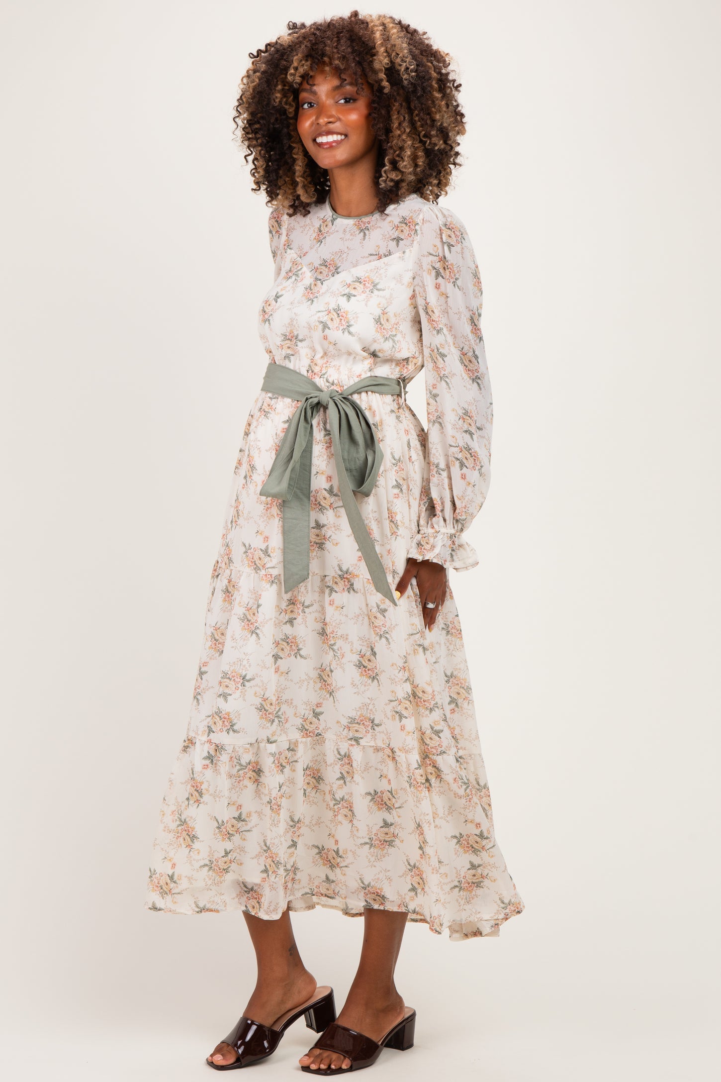 Cloud Floral Sash Tiered Maternity Maxi Dress