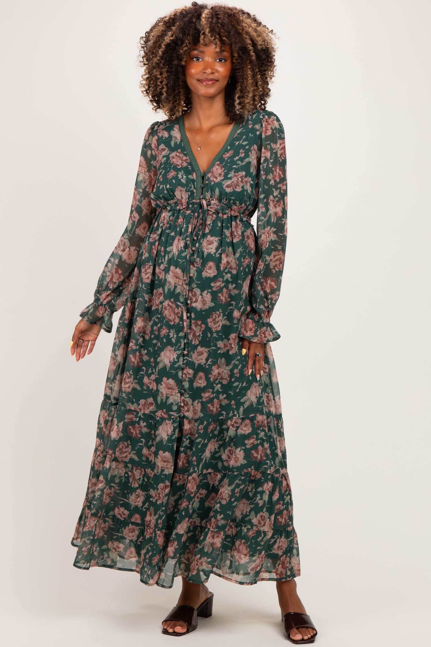 Eucalyptus Floral Chiffon Button Down Maternity Maxi Dress