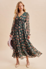 Eucalyptus Floral Chiffon Button Down Maxi Dress