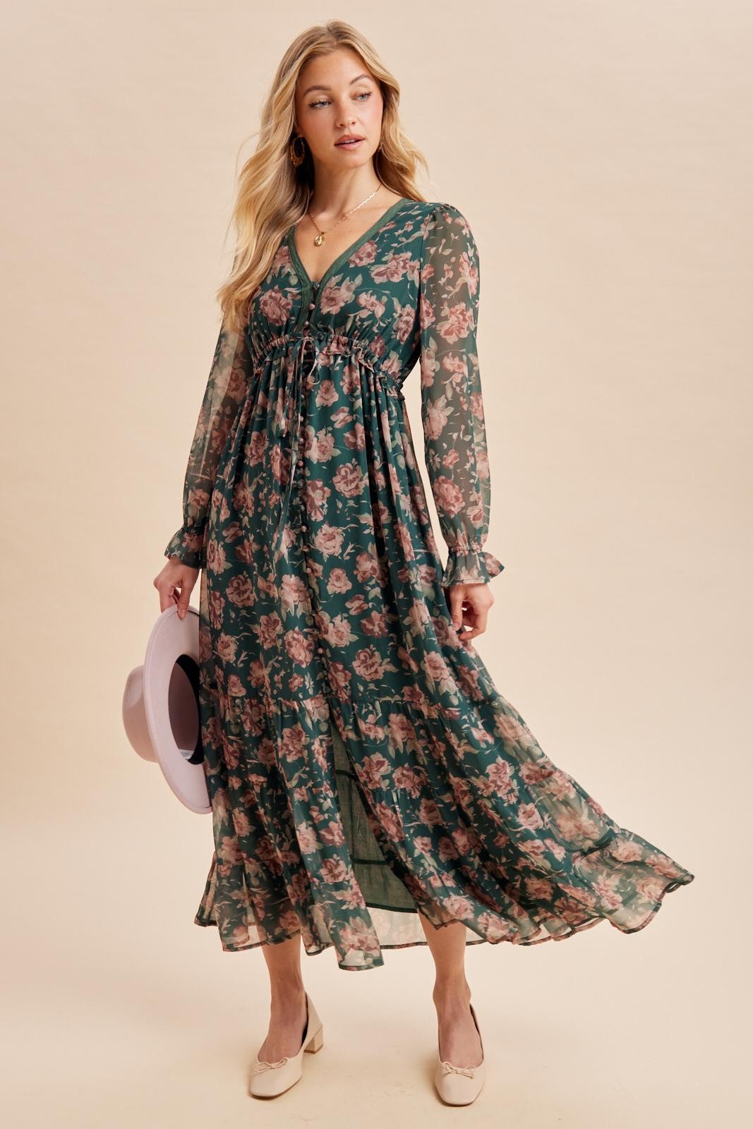 Eucalyptus Floral Chiffon Button Down Maternity Maxi Dress