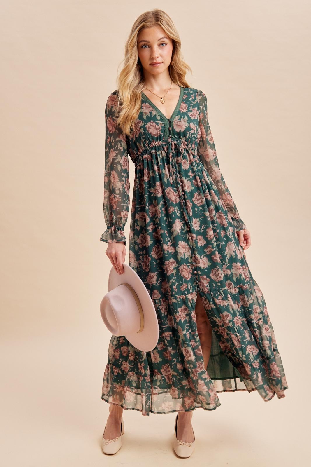 Eucalyptus Floral Chiffon Button Down Maxi Dress