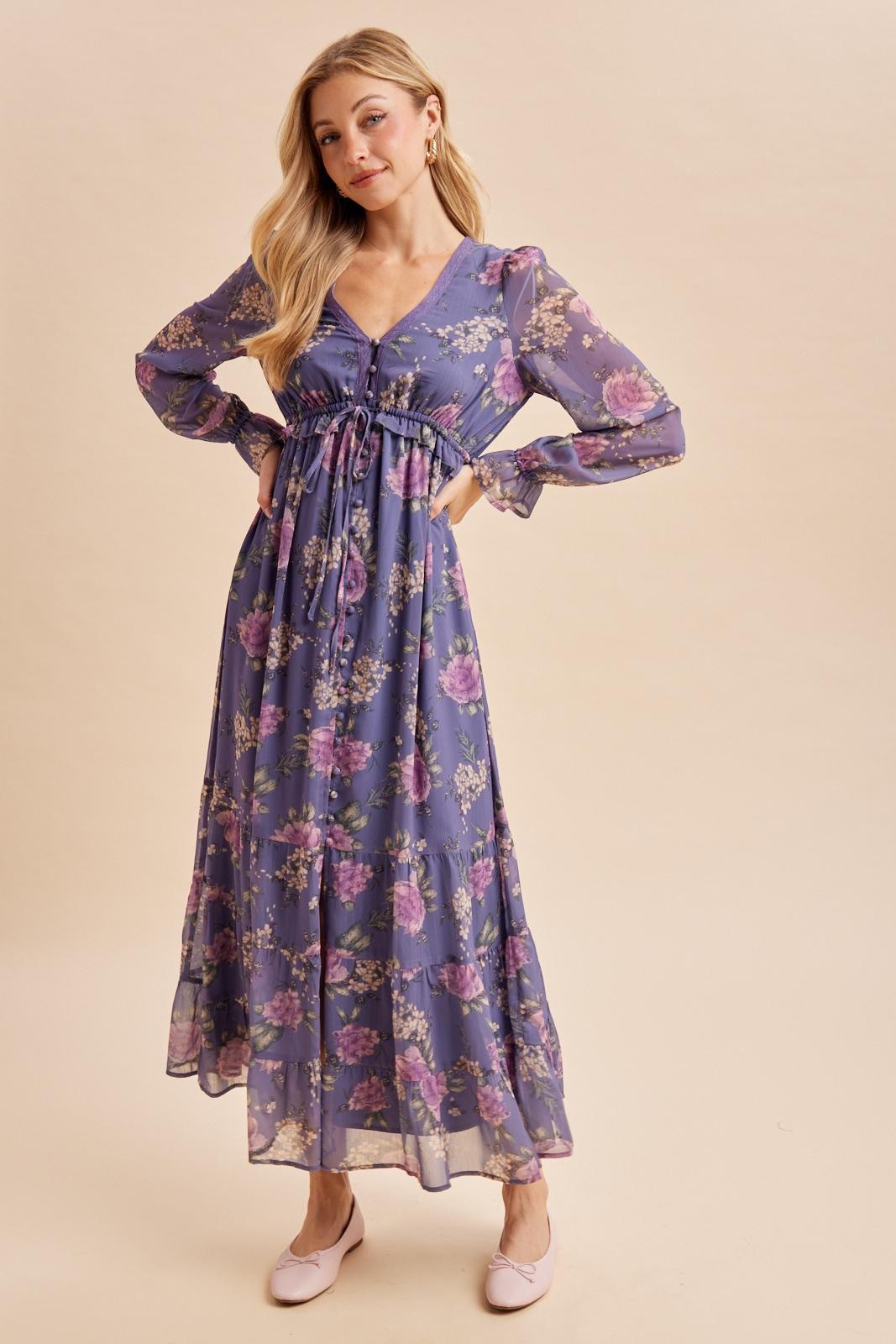 Plum Floral Chiffon Button Down Maxi Dress