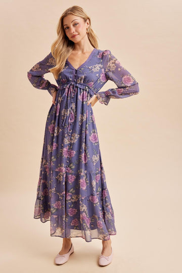 Plum Floral Chiffon Button Down Maxi Dress