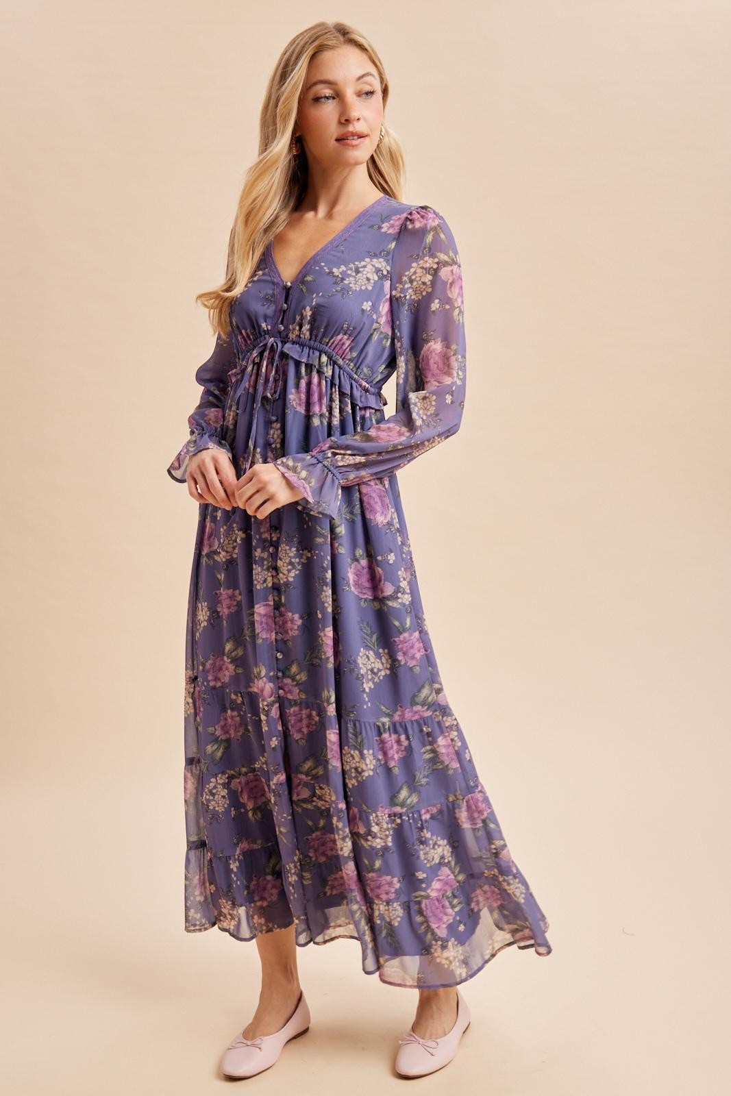 Plum Floral Chiffon Button Down Maxi Dress