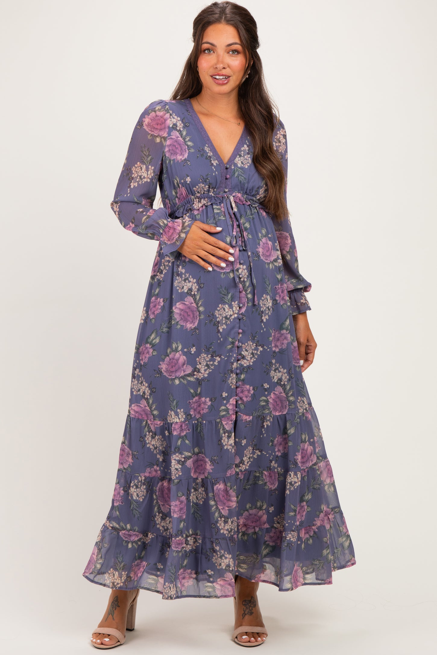 Plum Floral Chiffon Button Down Maternity Maxi Dress