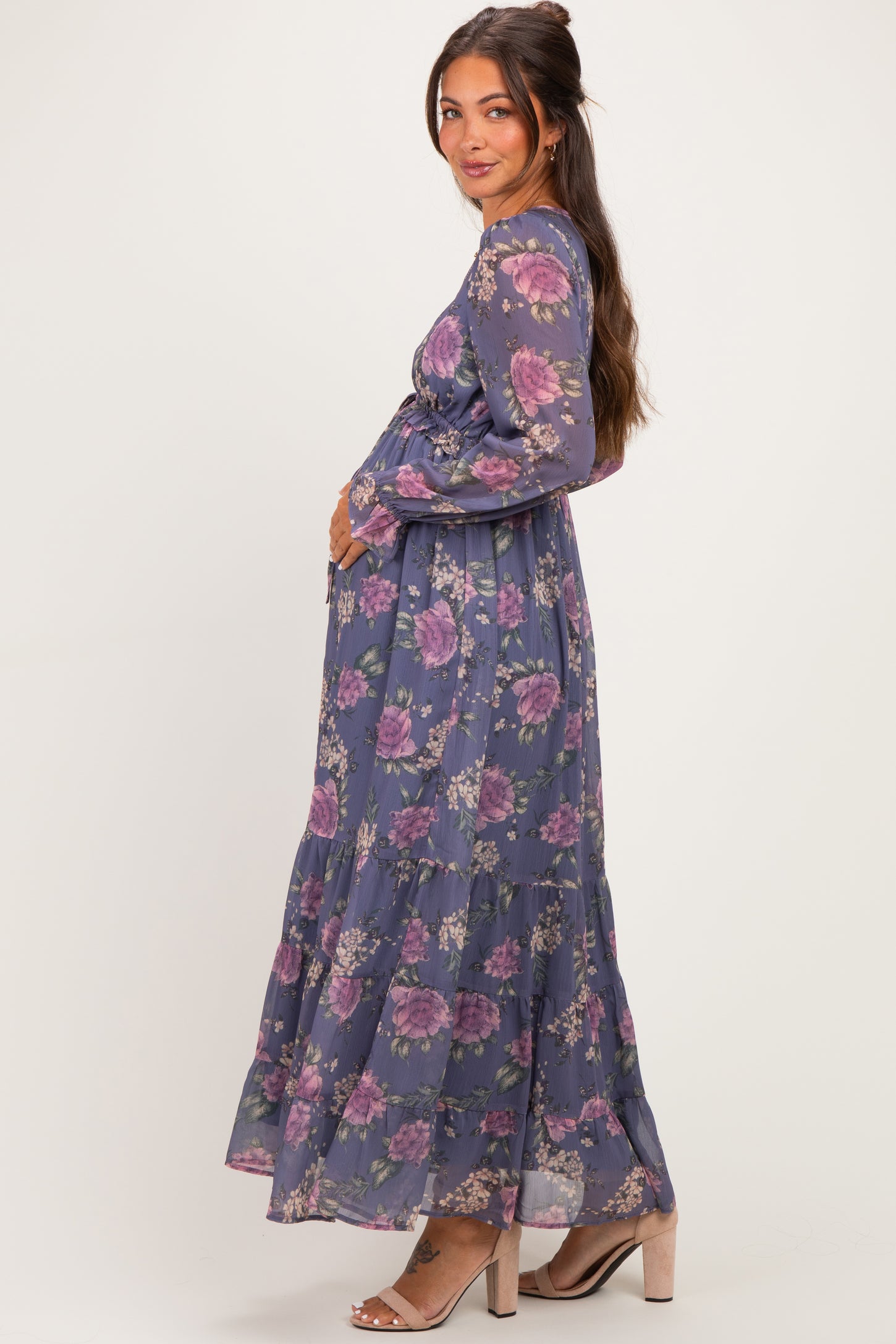 Plum Floral Chiffon Button Down Maternity Maxi Dress