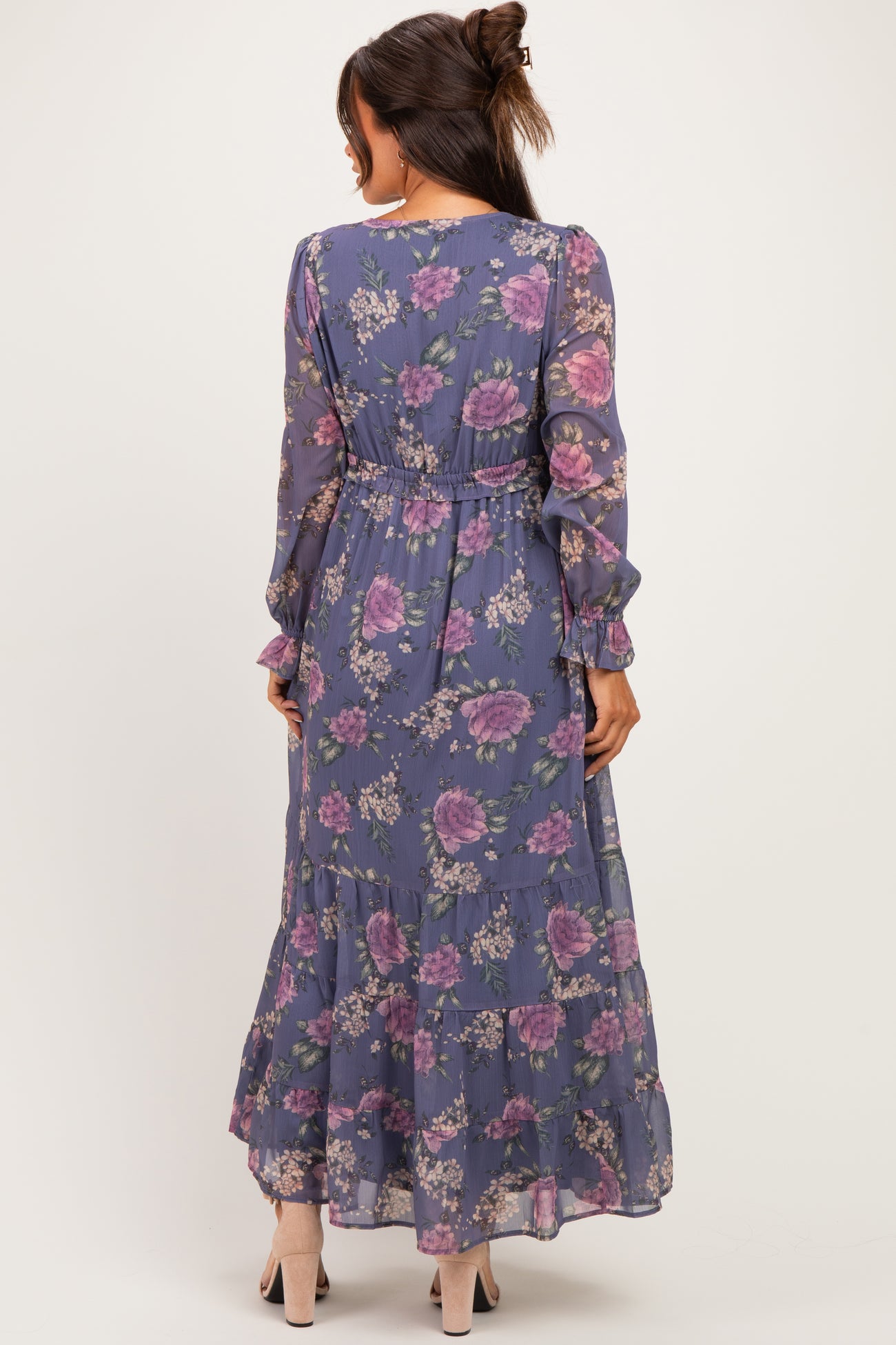 Plum Floral Chiffon Button Down Maternity Maxi Dress