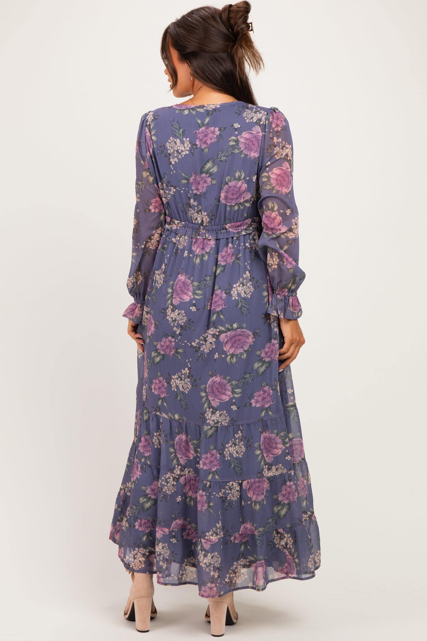 Plum Floral Chiffon Button Down Maternity Maxi Dress