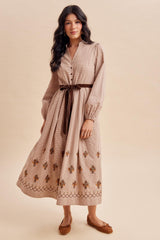 Sepia Button Down Embroidered Plaid Maternity Midi Dress
