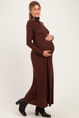 Brown Turtleneck Long Sleeve Maternity Maxi Dress