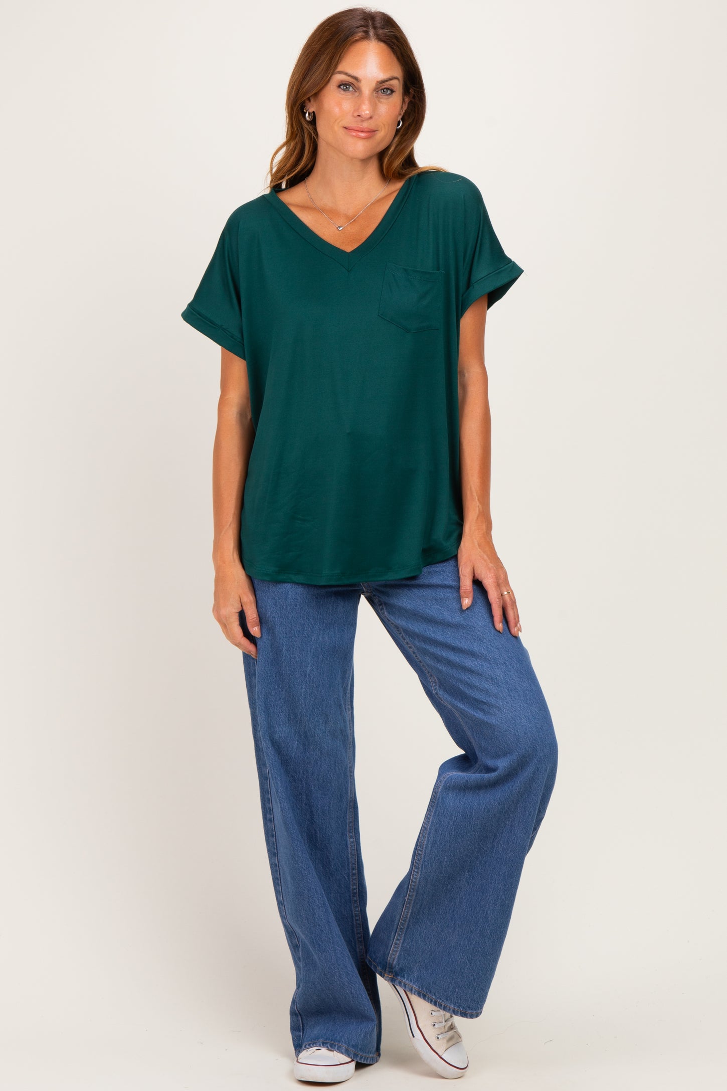 Forest Green V-Neck Pocket Short Sleeve Shirt