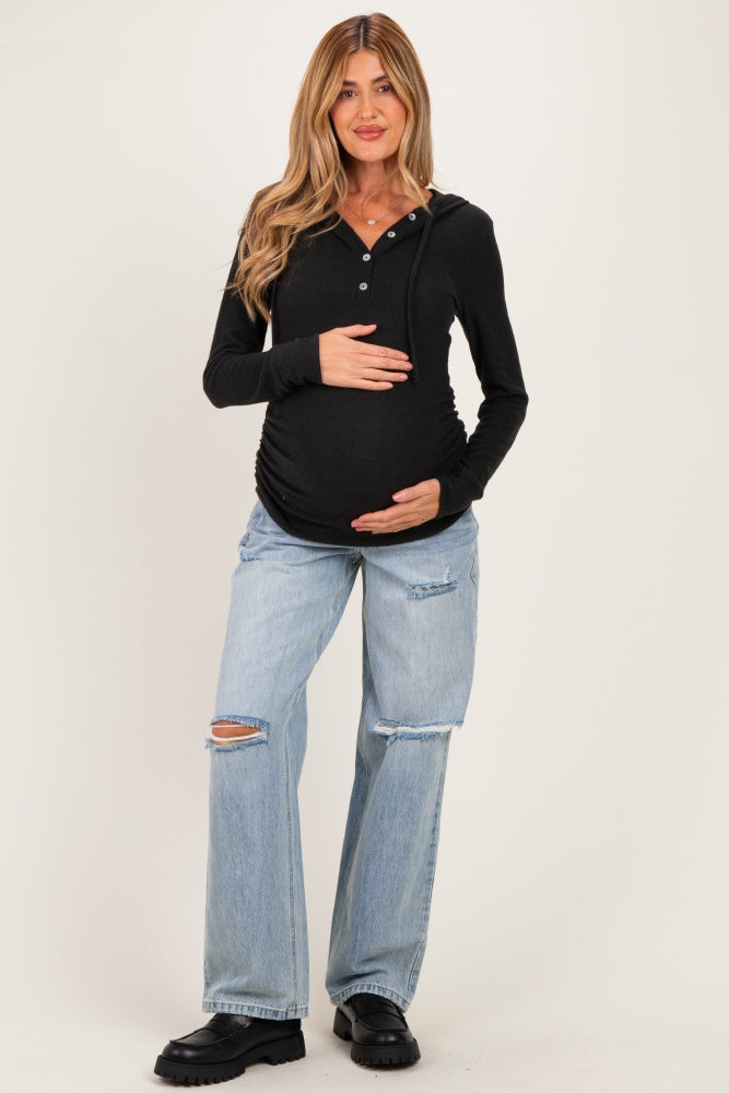 Black Long Sleeve Button Front Long Sleeve Fitted Maternity Top