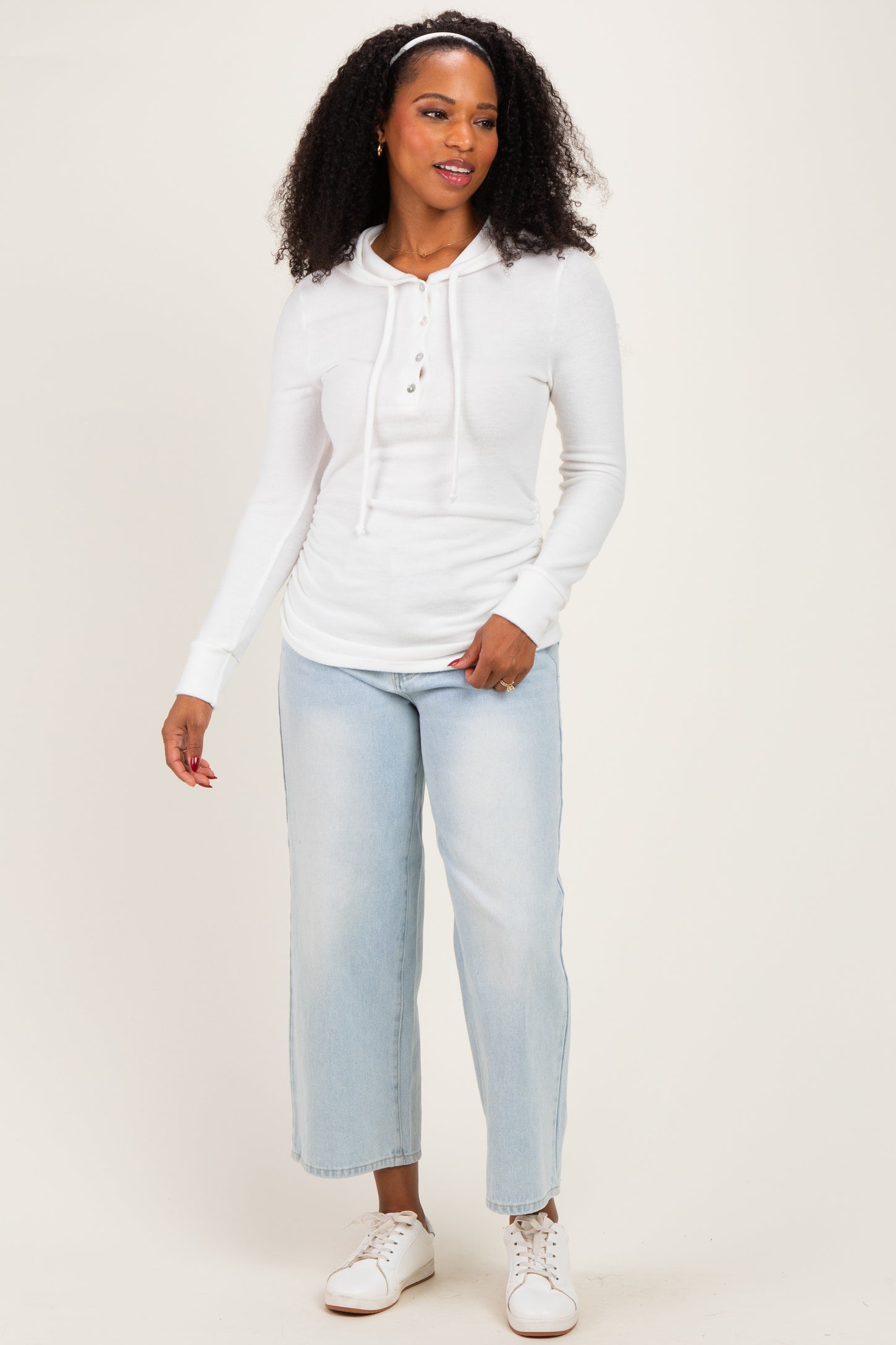 Ivory Long Sleeve Button Front Long Sleeve Fitted Top