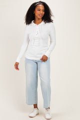 Ivory Long Sleeve Button Front Long Sleeve Fitted Top