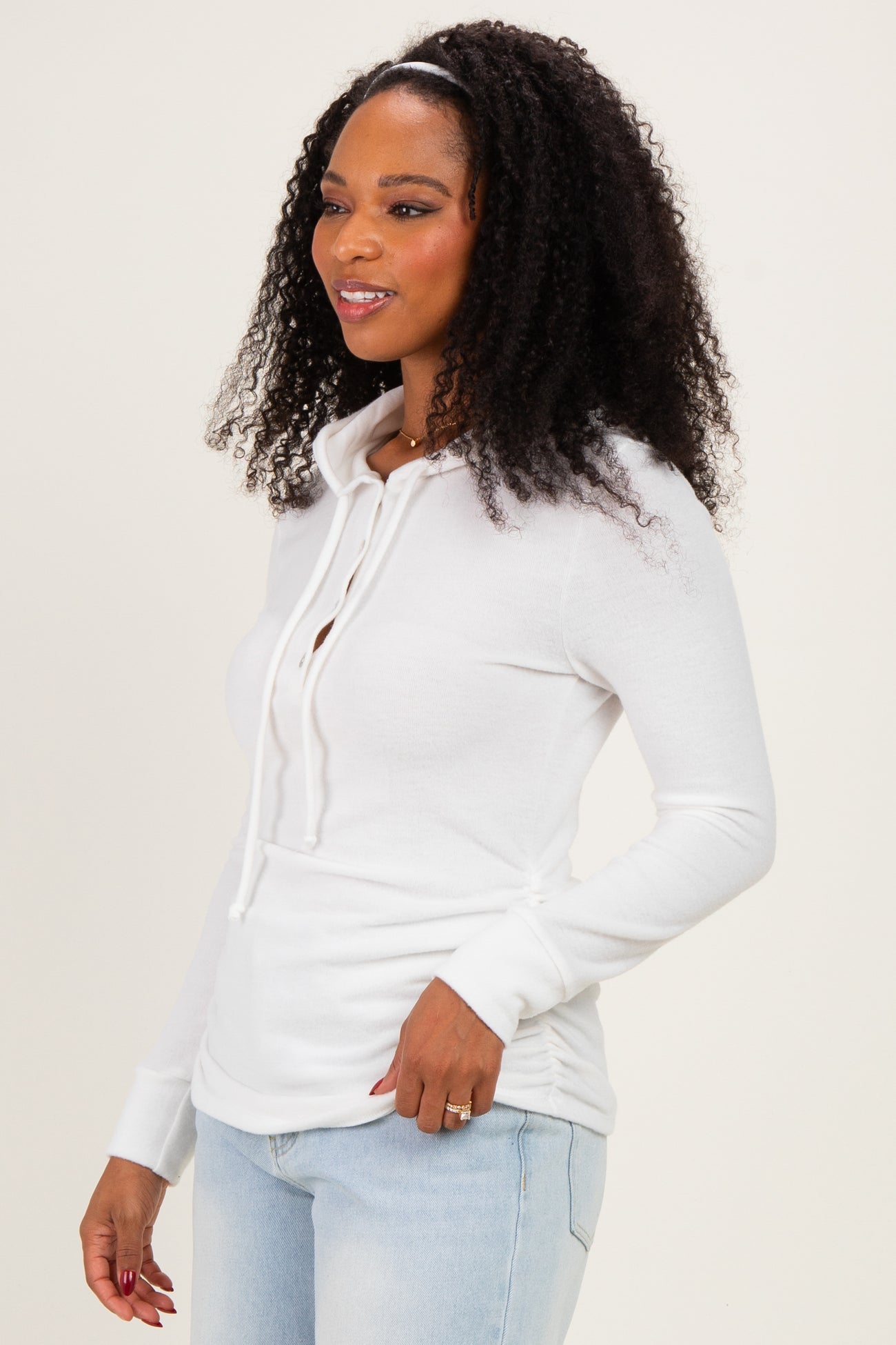 Ivory Long Sleeve Button Front Long Sleeve Fitted Top