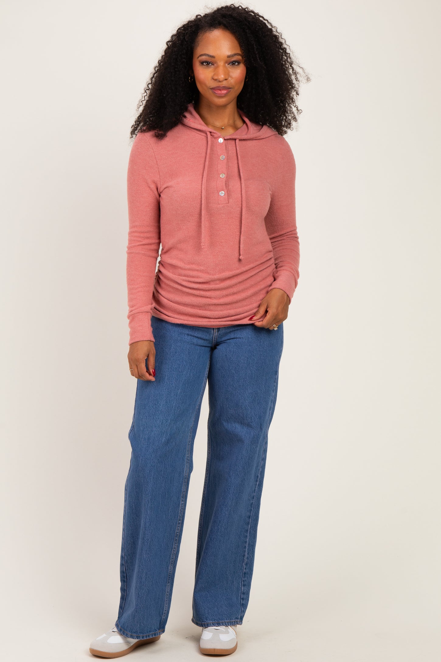 Mauve Long Sleeve Button Front Long Sleeve Fitted Top