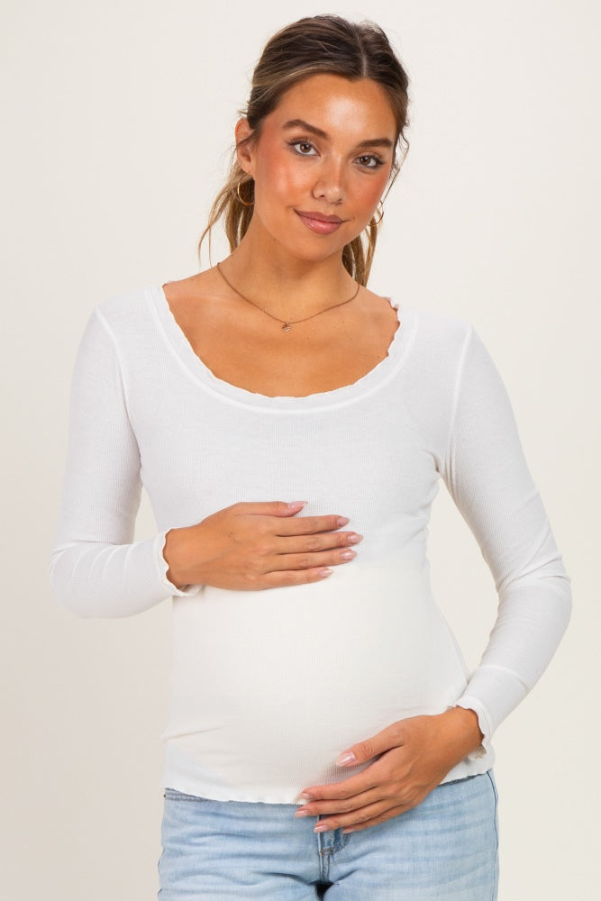 Ivory Lettuce Hem Fitted Long Sleeve Maternity Top