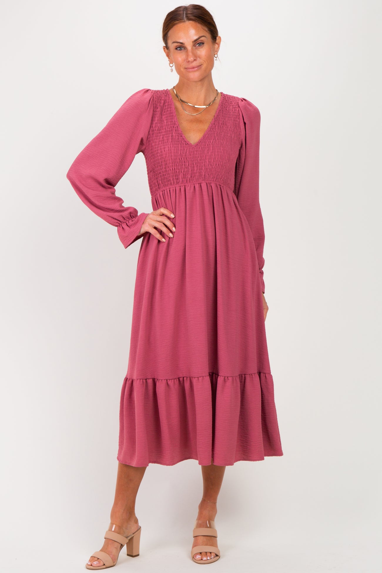 Mauve Smocked Top Long Sleeve Ruffle Hem Maternity Midi Dress