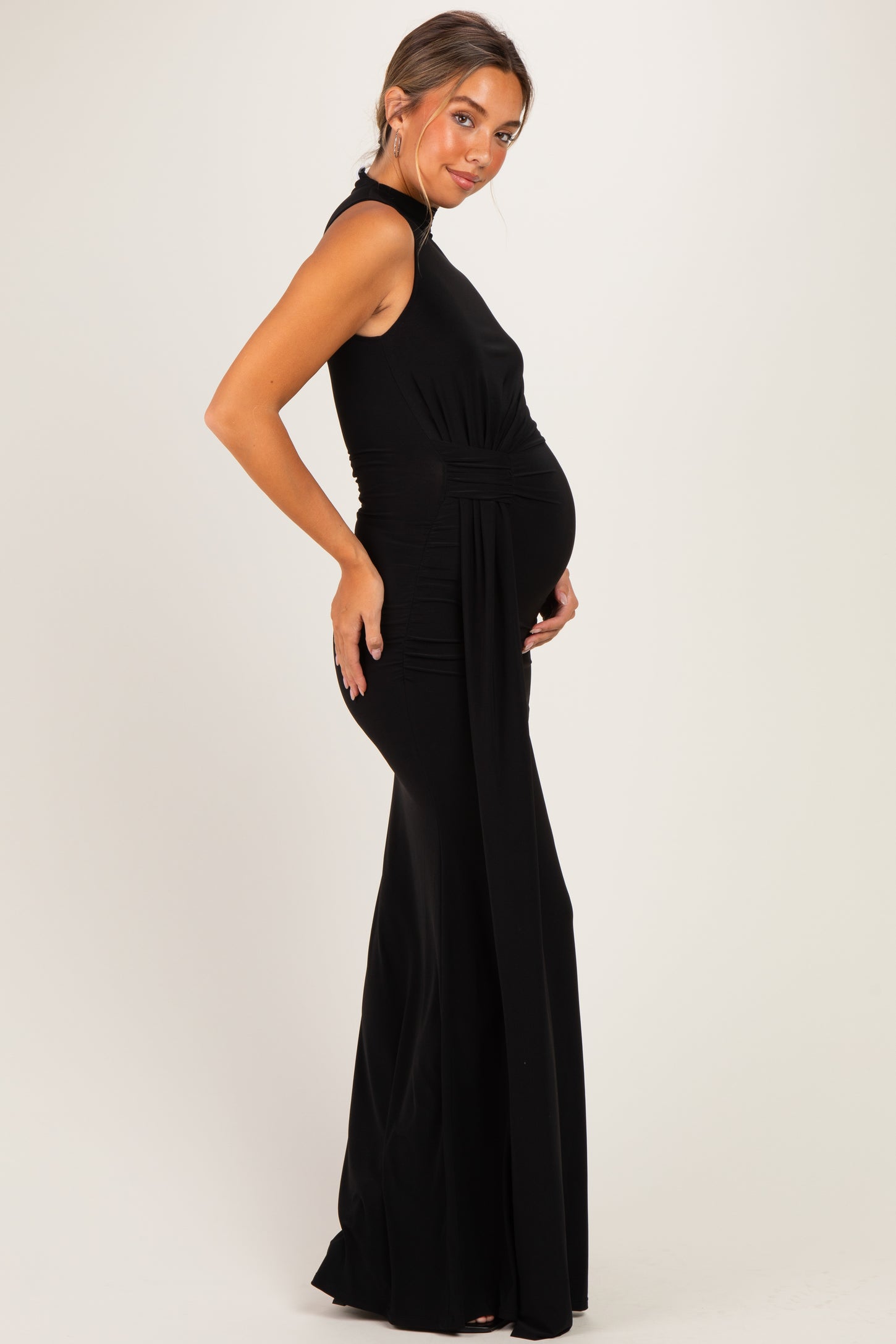 Black Sleeveless Side Draped Maternity Maxi Dress
