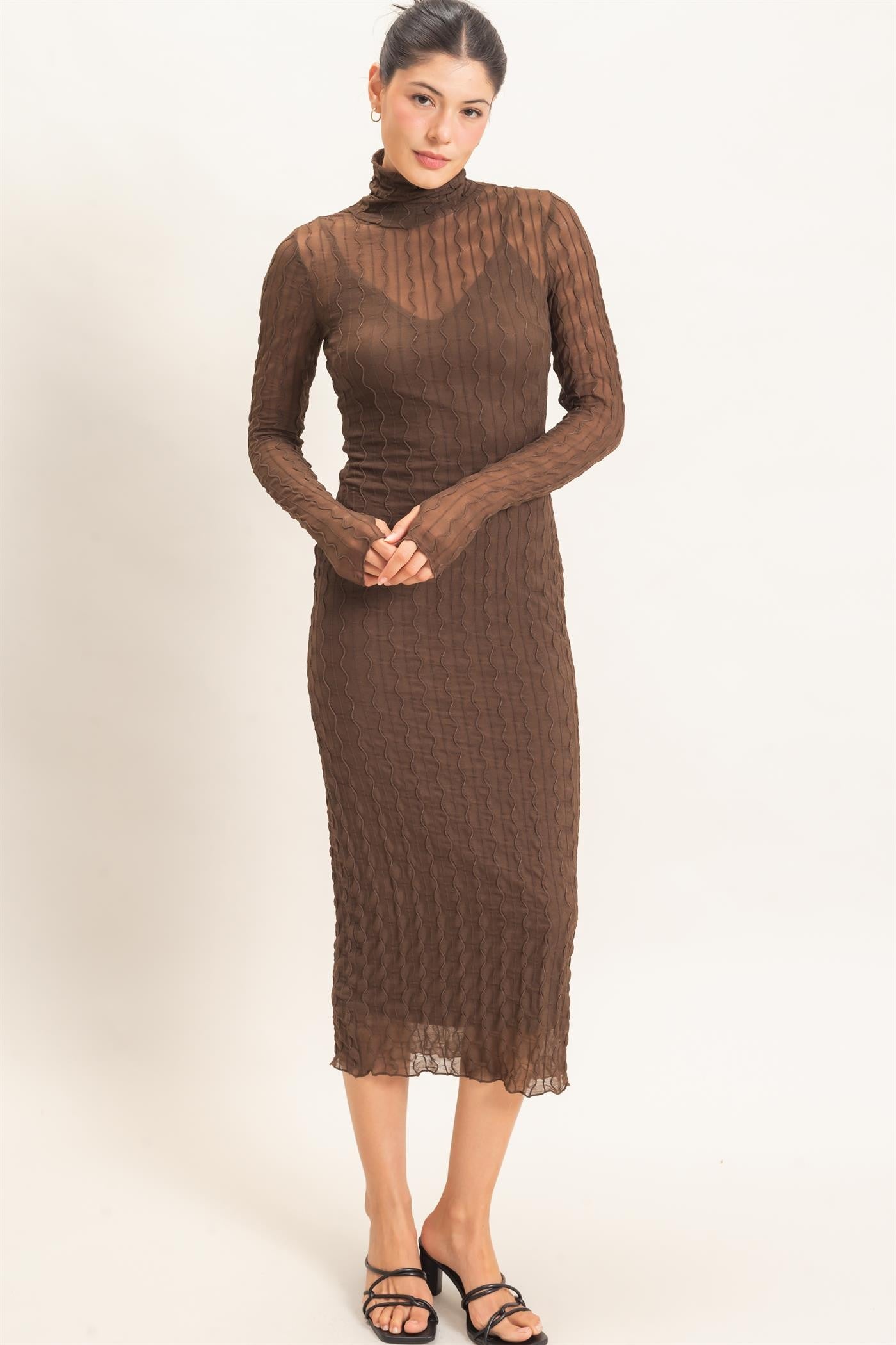 Brown Ribbed Mesh Knit Midi Dress